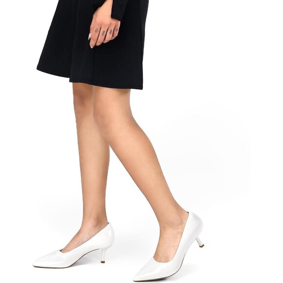 Women's White Patent Pumps 2 inch Kitten Heel Pointed Toe Low Heel Dress Shoes - Picture 6 of 7